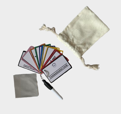 Autism and Non-Speaking Communication Cards – 25 Double-Sided PVC Cards, 45+ Messages, Dry Erase Marker, Microfibre Cloth & Drawstring Bag