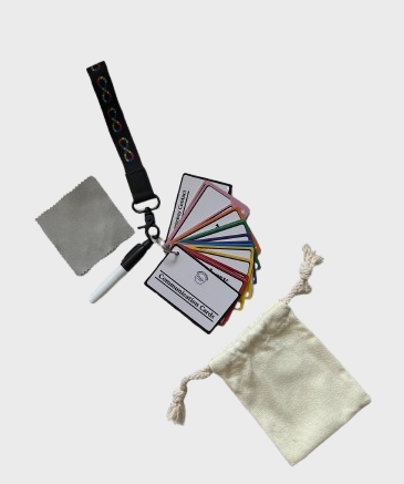 Autism and Non-Speaking Communication Cards – 25 Double-Sided PVC Cards, 45+ Messages, Dry Erase Marker, Microfibre Cloth & Drawstring Bag