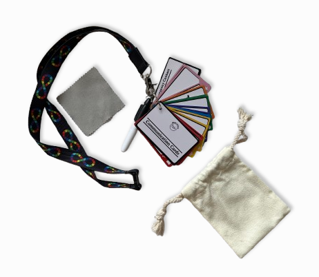 Autism and Non-Speaking Communication Cards – 25 Double-Sided PVC Cards, 45+ Messages, Dry Erase Marker, Microfibre Cloth & Drawstring Bag