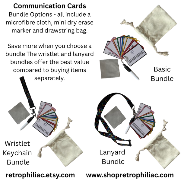 Autism and Non-Speaking Communication Cards – 25 Double-Sided PVC Cards, 45+ Messages, Dry Erase Marker, Microfibre Cloth & Drawstring Bag