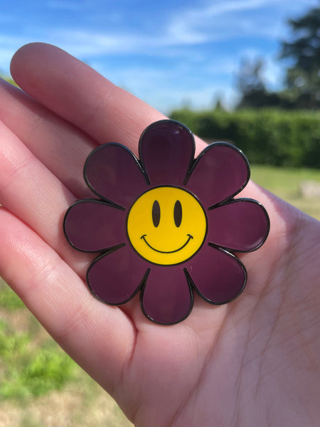 Deep Violet Purple Plum Flower Power Enamel Pin, Smiley Flower Pin, Smiley Face Pin