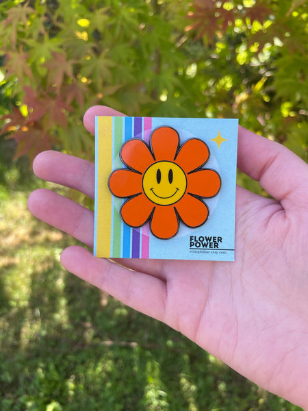 Orange Flower Power Enamel Pin, Smiley Flower Pin, Smiley Face Pin