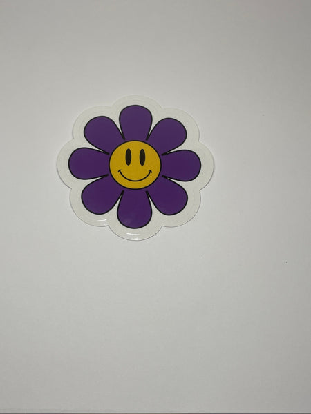 Deep Violet Purple Plum Flower Power Vinyl Sticker, Smiley Flower Sticker, Smiley Face Sticker