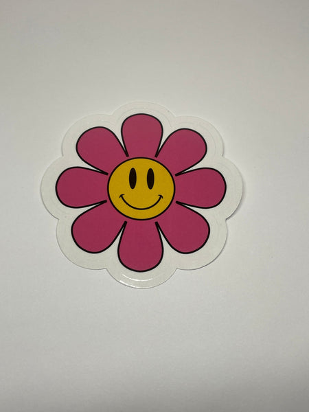 Pink Flower Power Vinyl Sticker, Smiley Flower Sticker, Smiley Face Sticker