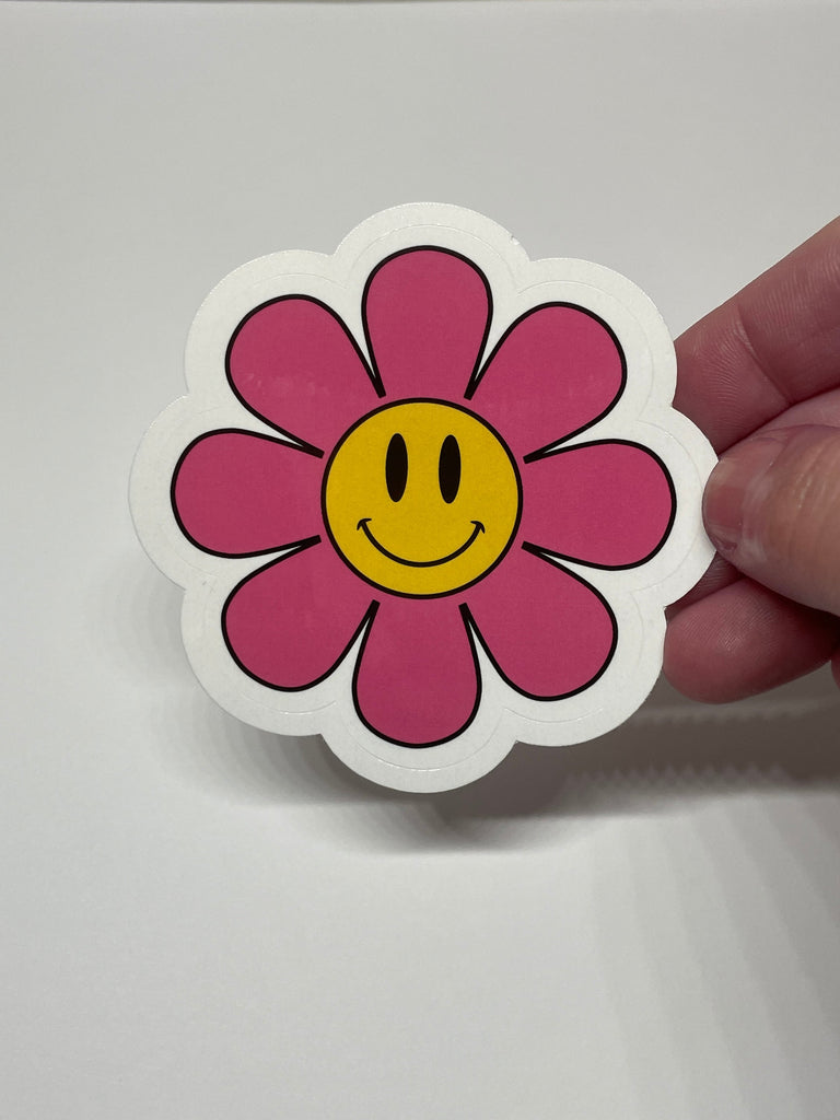 Deep Violet Purple Plum Flower Power Vinyl Sticker, Smiley Flower