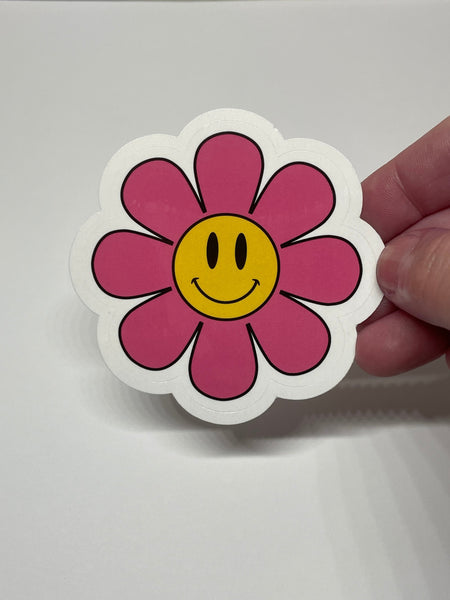 Pink Flower Power Vinyl Sticker, Smiley Flower Sticker, Smiley Face Sticker