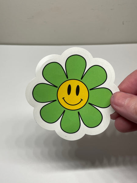 Green Flower Power Vinyl Sticker, Smiley Flower Sticker, Smiley Face Sticker