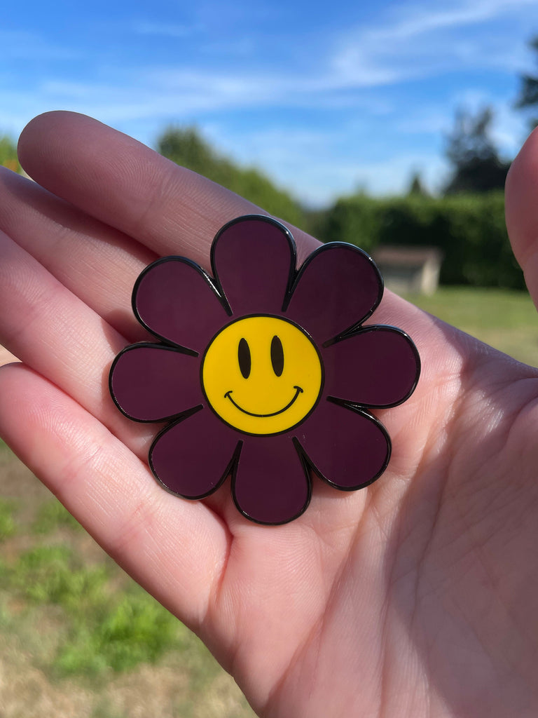 Deep Violet Purple Plum Flower Power Enamel Pin, Smiley Flower Pin