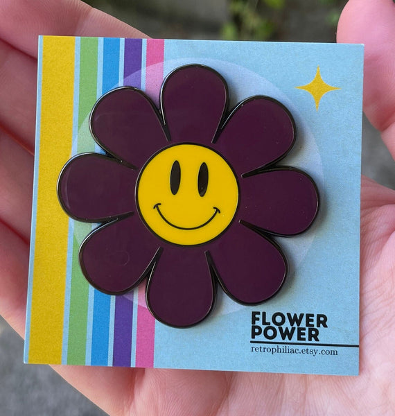 Deep Violet Purple Plum Flower Power Enamel Pin, Smiley Flower Pin, Smiley Face Pin