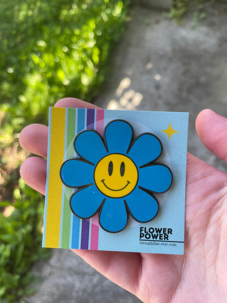 Blue Flower Power Enamel Pin, Smiley Flower Pin, Smiley Face Pin
