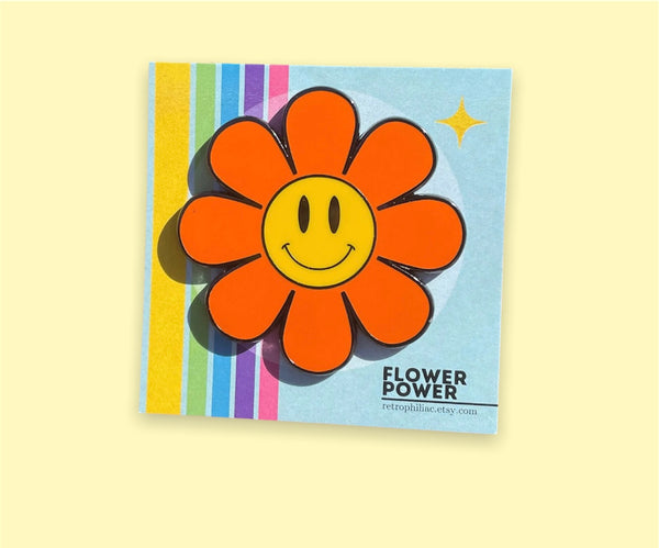 Orange Flower Power Enamel Pin, Smiley Flower Pin, Smiley Face Pin